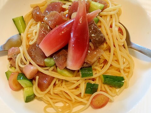 めんつゆで簡単、鰹の和風冷製パスタ